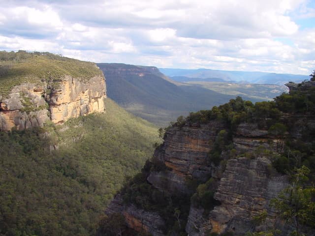 Jamison Valley eucalyptus haze and sandstone escarpment, Blue Mountains